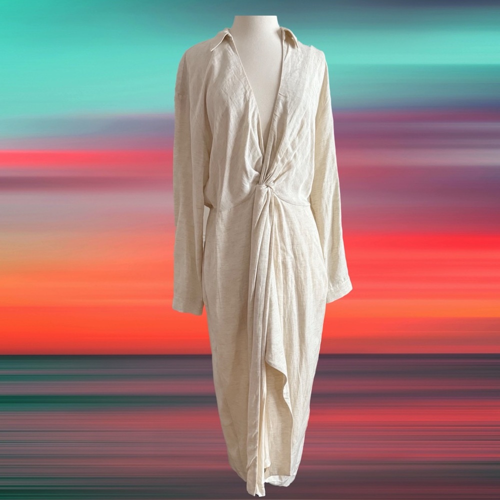 Anthropologie V-Neck Knot Front Midi Dress ⚜️Ivory⚜️ Size 12 - Picture 16 of 16